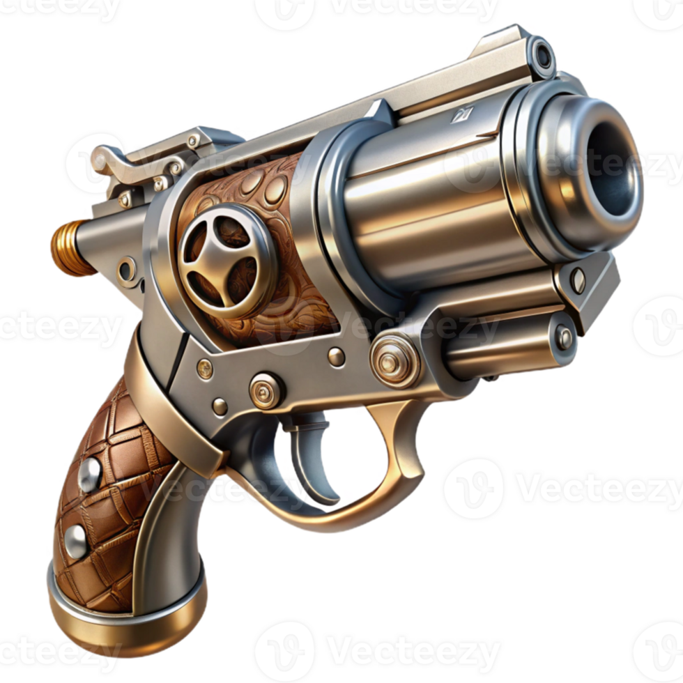 beautiful minimalist impressive contemporary A steampunk pistol, polished silver and wood grain grip, intricate engravings, dramatic lighting, highly realistic high resolution high quality png