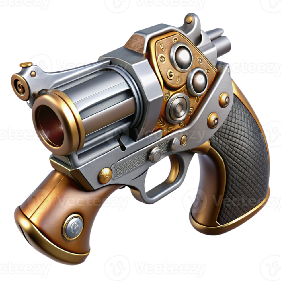 wonderful classic vibrant modern A steampunk pistol, polished silver and wood grain grip, intricate engravings, dramatic lighting, highly realistic high quality genuine png