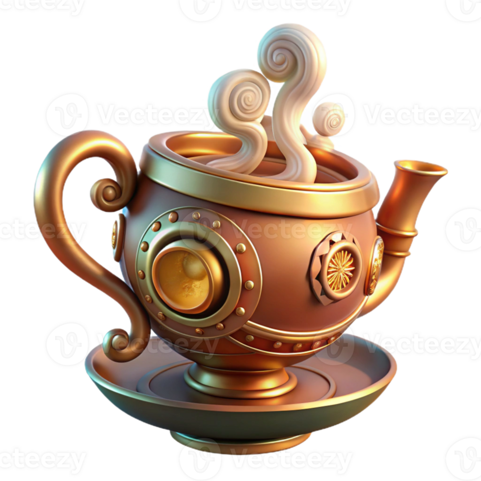 magnificent rustic elegant modern A steampunk teacup, porcelain with brass embellishments, filled with swirling steam, warm lighting, highly detailed high resolution exclusive png