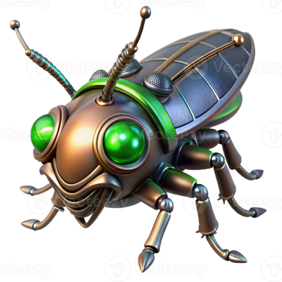 stunning classic vibrant traditional A steampunk insect, metallic body with intricate gears, glowing green eyes, dark and moody lighting, hyperrealistic professional 4K png