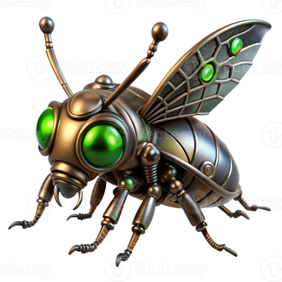 elegant rustic vibrant classic A steampunk insect, metallic body with intricate gears, glowing green eyes, dark and moody lighting, hyperrealistic high resolution authentic png
