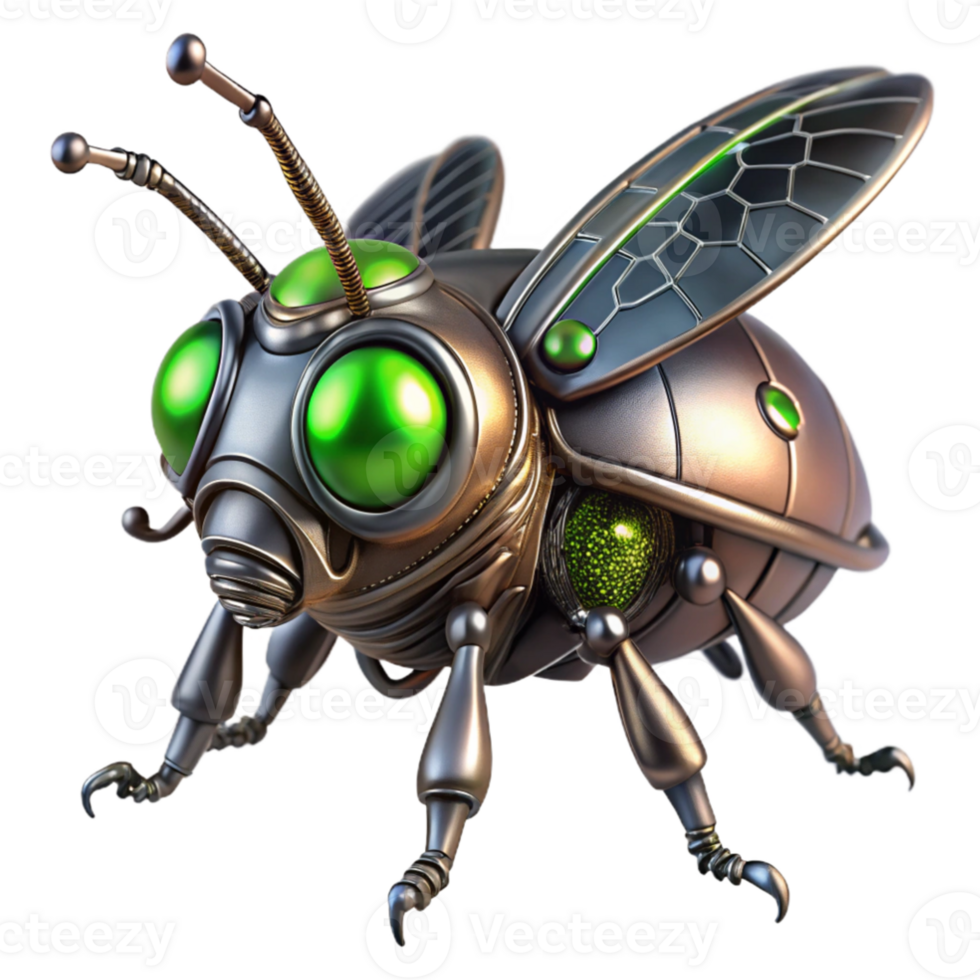 beautiful contemporary dramatic modern A steampunk insect, metallic body with intricate gears, glowing green eyes, dark and moody lighting, hyperrealistic high resolution authentic png