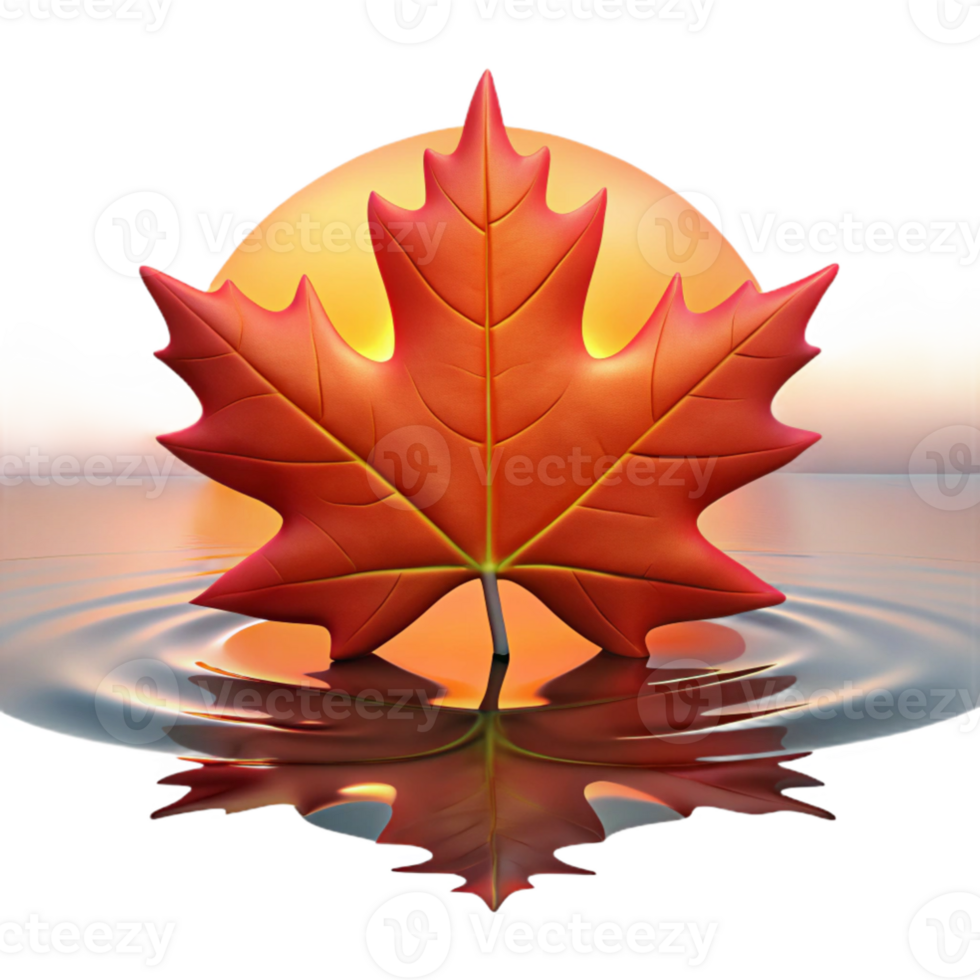 wonderful rustic stunning artistic A single, perfect red maple leaf, backlit by a golden sunset, drifting down onto a still pond reflecting the twilight sky, hyperrealistic, 8k, high resolution 4K png