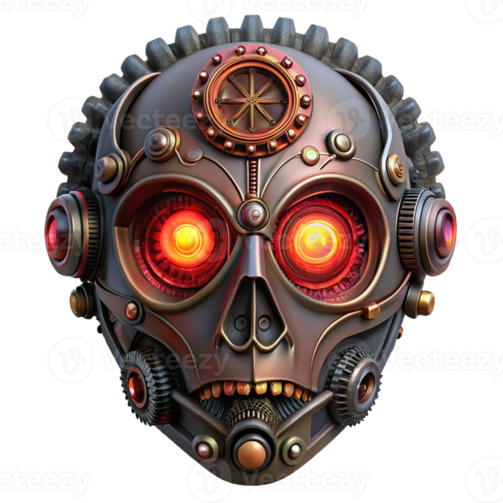 dramatic rustic stunning classic A steampunk mask, intricate filigree and gears, glowing red lenses, dark and mysterious lighting, highly detailed detailed detailed png