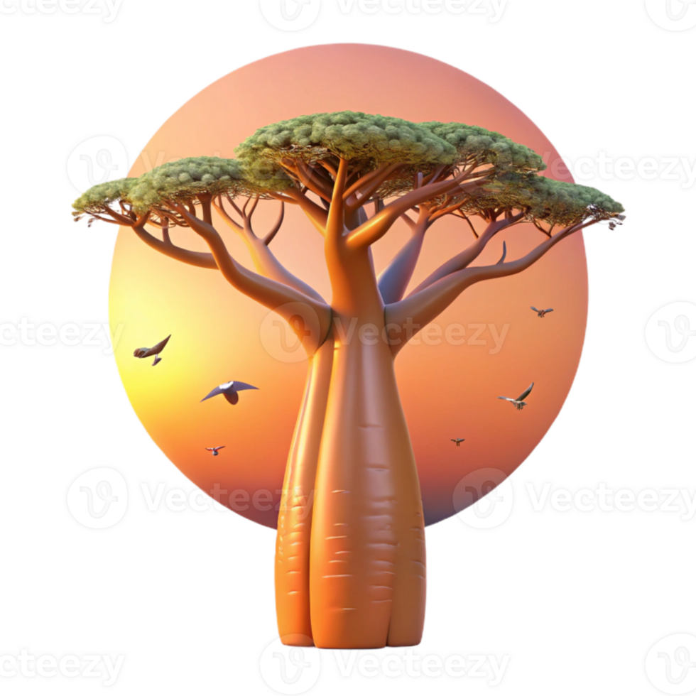 stunning creative vibrant minimalist A colossal baobab tree at sunrise, warm orange and pink hues, silhouetted birds flying around its crown, minimalist, art style, detailed premium png