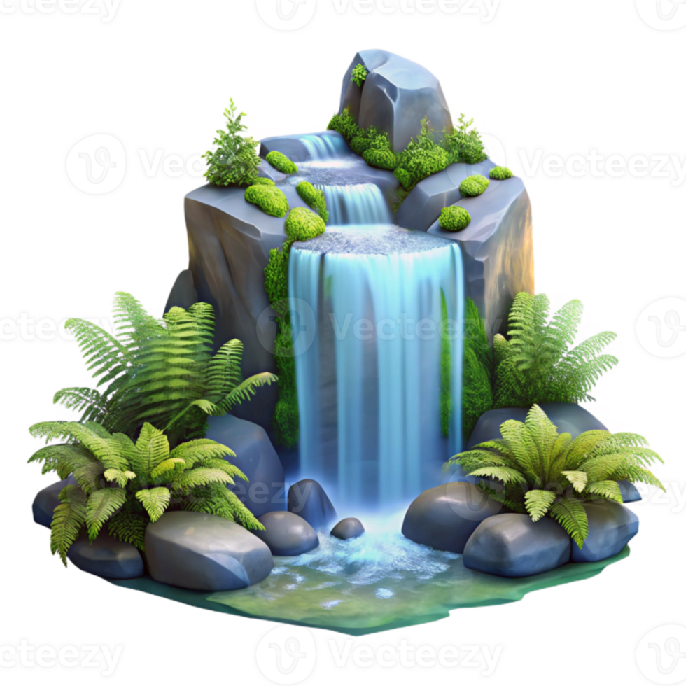 beautiful modern impressive artistic A crystal clear waterfall cascading down mossy rocks, surrounded by ferns, soft diffused light, ethereal, fantasy art, original genuine png