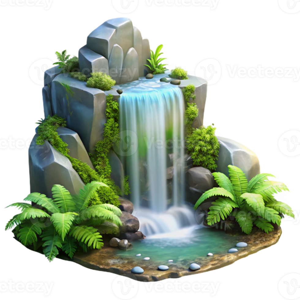 dramatic modern beautiful classic A crystal clear waterfall cascading down mossy rocks, surrounded by ferns, soft diffused light, ethereal, fantasy art, detailed detailed png