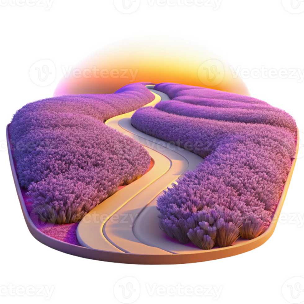 impressive artistic vibrant creative A winding dirt road through a field of lavender at sunset, purple and orange hues, dreamlike, soft focus, authentic genuine png