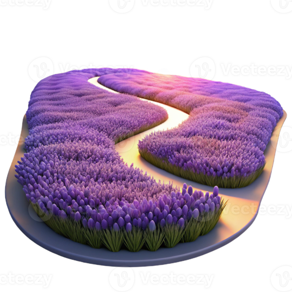 elegant traditional magnificent contemporary A winding dirt road through a field of lavender at sunset, purple and orange hues, dreamlike, soft focus, 4K professional png