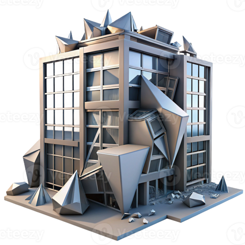 beautiful contemporary stunning artistic A Deconstructivist office building, fragmented forms, colliding planes, sharp angles, metallic surfaces, cold, industrial, dystopian authentic genuine png