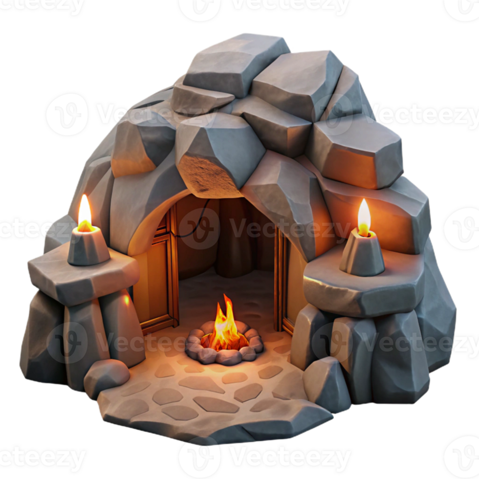 dramatic abstract wonderful modern A subterranean dwelling carved into rock, warm firelight, rough hewn textures, primal, mystical, ancient authentic detailed png