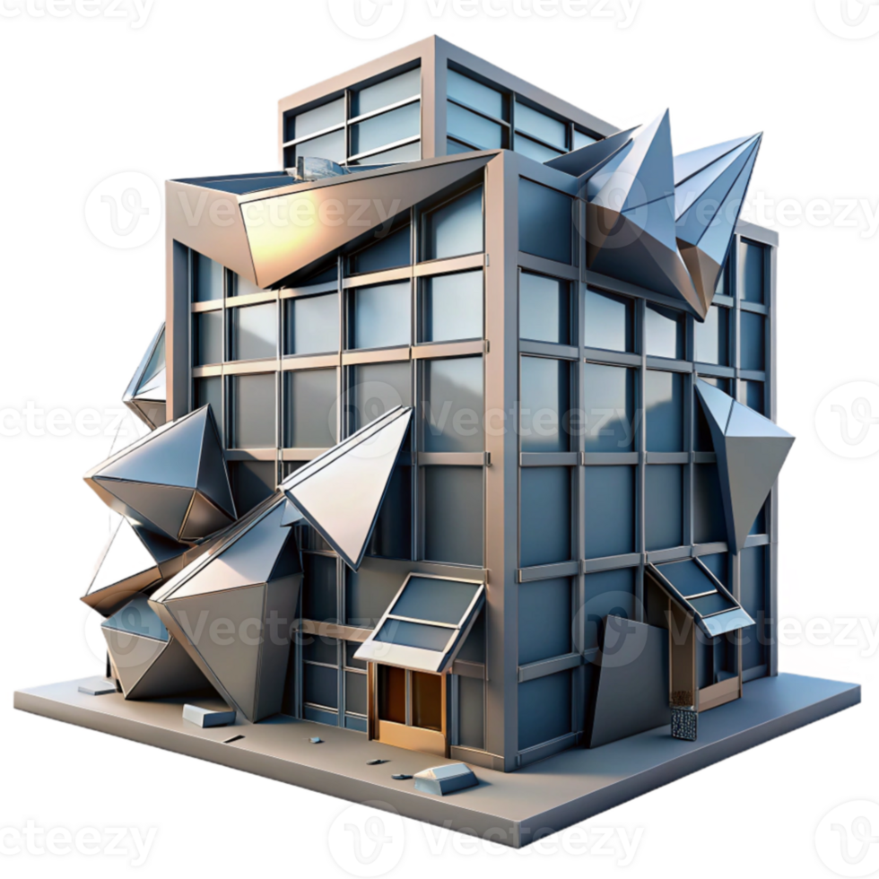 wonderful minimalist wonderful rustic A Deconstructivist office building, fragmented forms, colliding planes, sharp angles, metallic surfaces, cold, industrial, dystopian exclusive original png