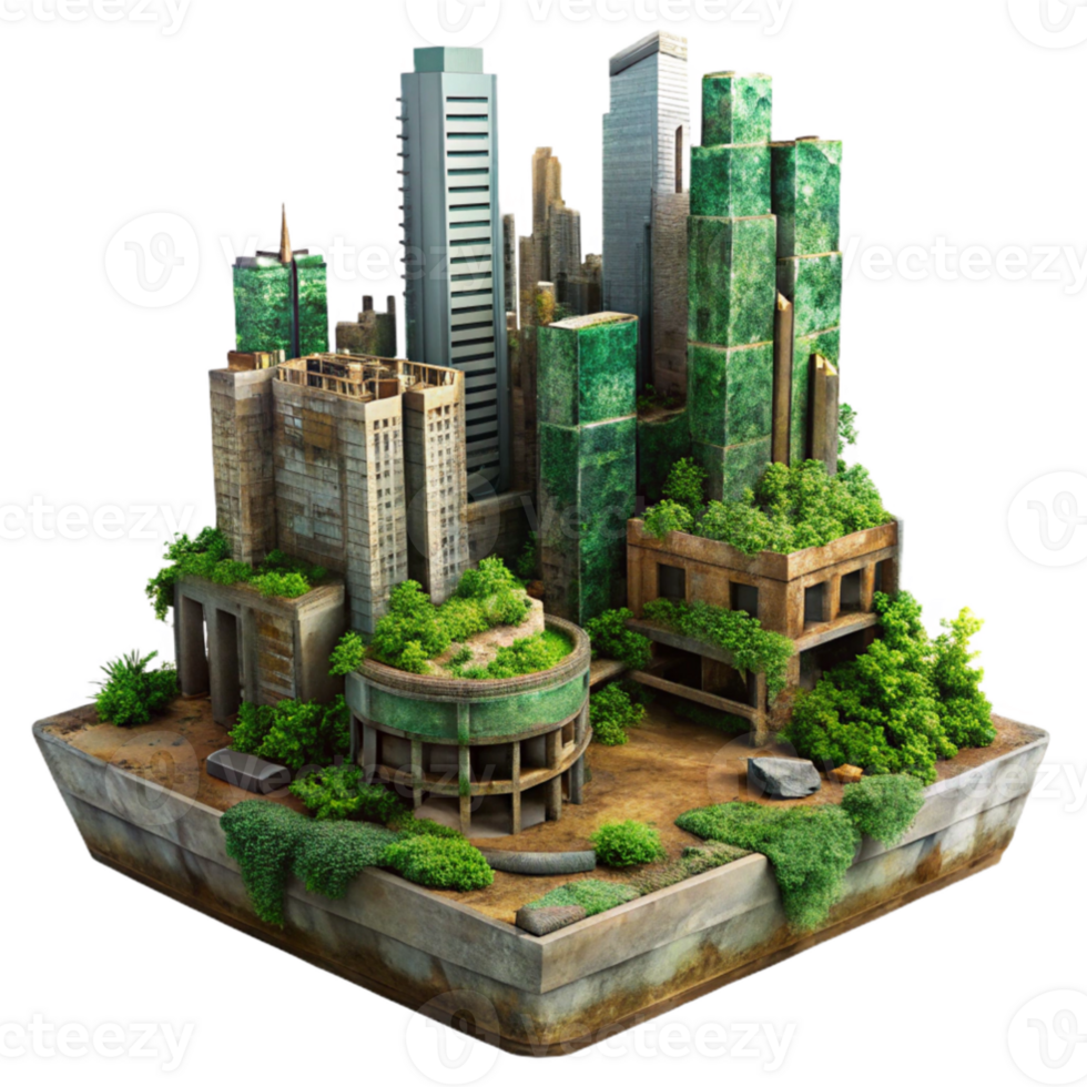 vibrant creative extraordinary creative A post apocalyptic cityscape, ruined skyscrapers, overgrown with vegetation, rusty metal, eerie green lighting, desolate, haunting, dystopian detailed genuine png