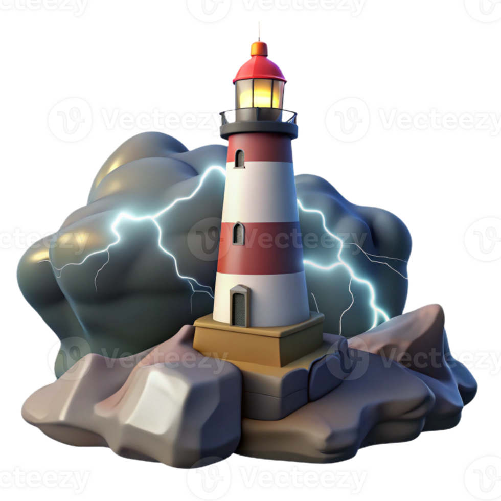 elegant abstract extraordinary rustic A solitary lighthouse on a rocky cliff, dramatic storm clouds, flashing lightning, intense, dramatic, isolated professional original png