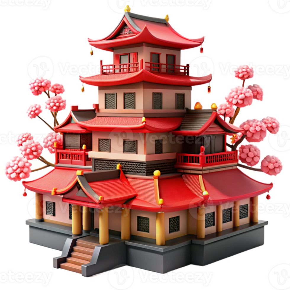 serene vintage extraordinary abstract A traditional Japanese castle, intricate wooden details, red and black lacquer, cherry blossoms in bloom, serene, elegant, historical detailed genuine png