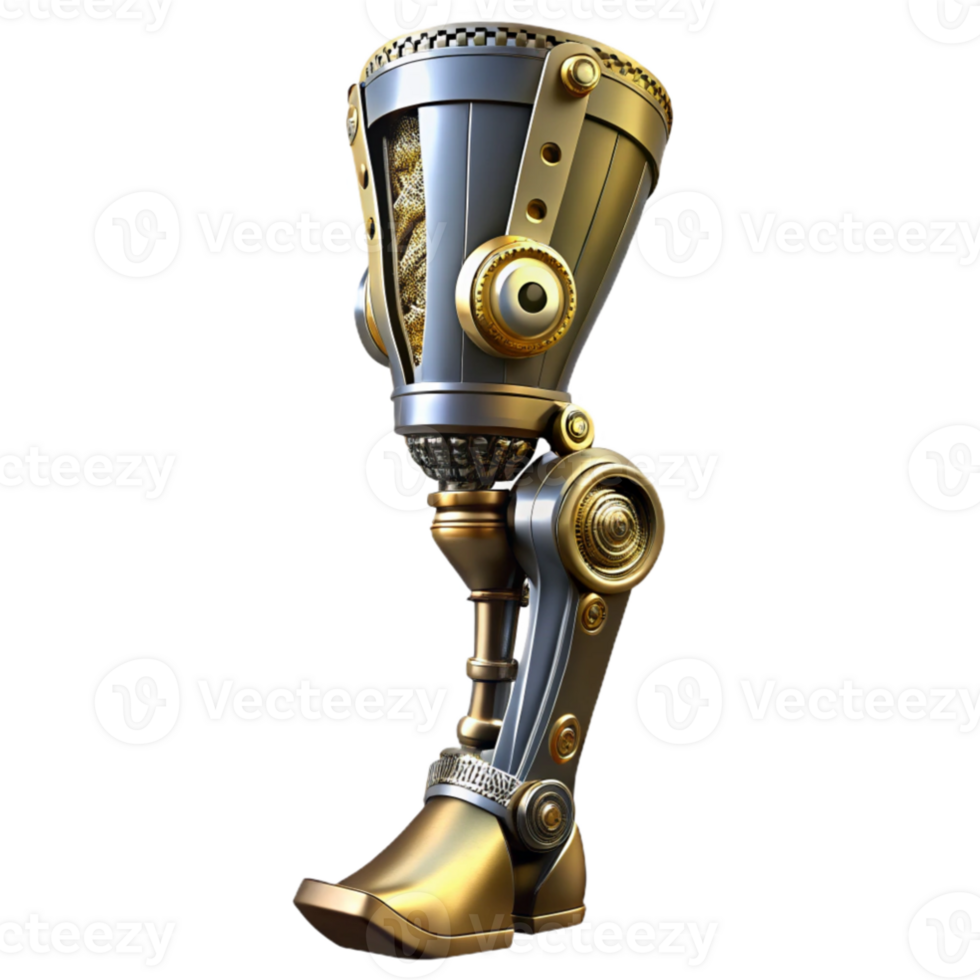 vibrant minimalist beautiful rustic A close up of a steampunk prosthetic leg, polished chrome and brass, intricate clockwork mechanisms, dramatic, chiaroscuro lighting professional exclusive png