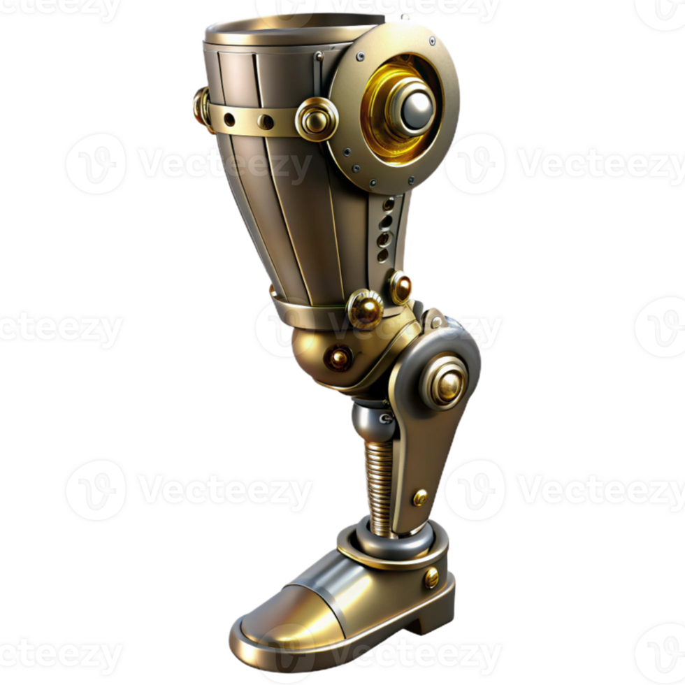 extraordinary contemporary beautiful creative A close up of a steampunk prosthetic leg, polished chrome and brass, intricate clockwork mechanisms, dramatic, chiaroscuro lighting authentic high quality png