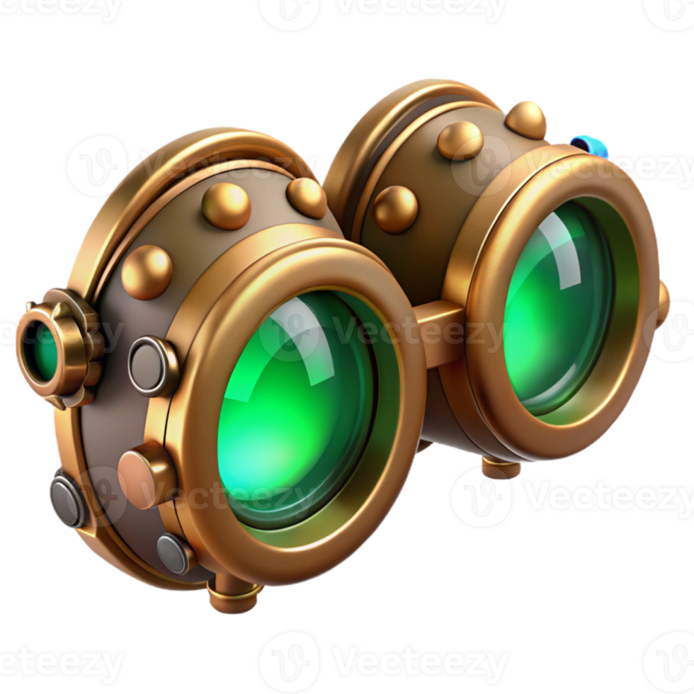 serene creative vibrant vintage A detailed illustration of a steampunk goggles, intricate lenses and gears, glowing emerald lenses, mysterious, ethereal lighting original 4K png