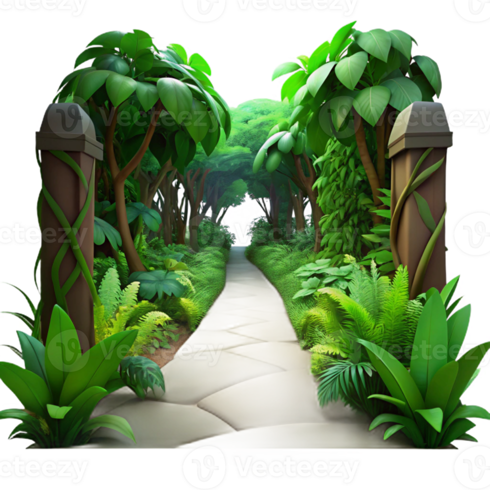 dramatic traditional impressive vintage A lush, overgrown jungle path, dappled with sunlight filtering through thick canopy, vibrant greens and deep shadows, art nouveau style, 4K authentic png