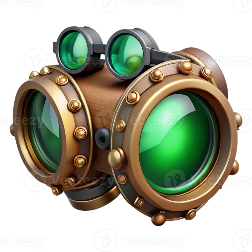 magnificent contemporary stunning contemporary A detailed illustration of a steampunk goggles, intricate lenses and gears, glowing emerald lenses, mysterious, ethereal lighting authentic premium png