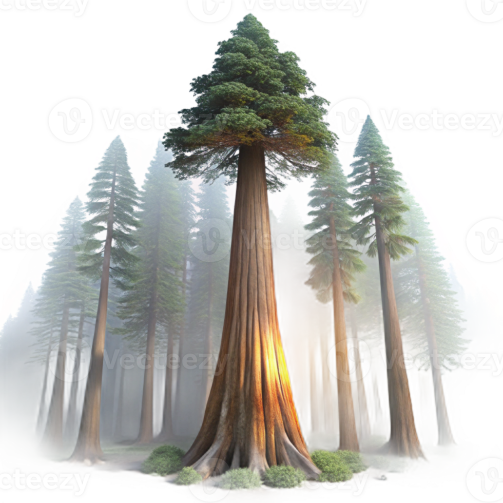 magnificent artistic serene classic A towering sequoia tree, shrouded in morning mist, beams of light piercing through, ethereal and dreamlike, matte painting, exclusive authentic png