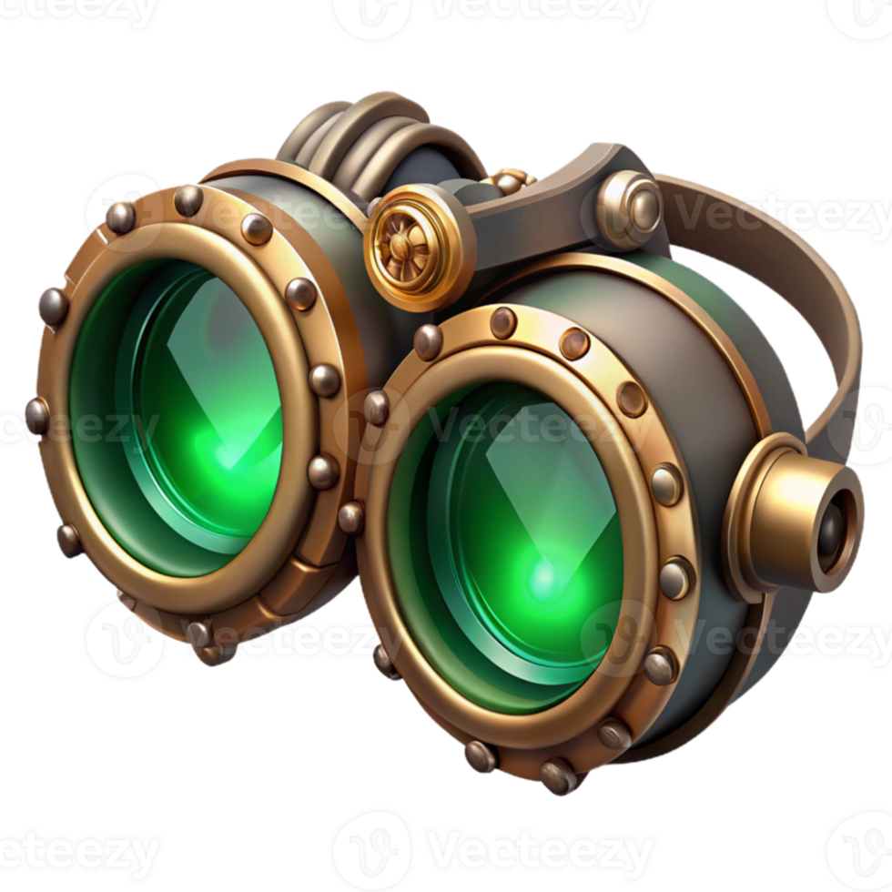 wonderful abstract magnificent artistic A detailed illustration of a steampunk goggles, intricate lenses and gears, glowing emerald lenses, mysterious, ethereal lighting genuine genuine png