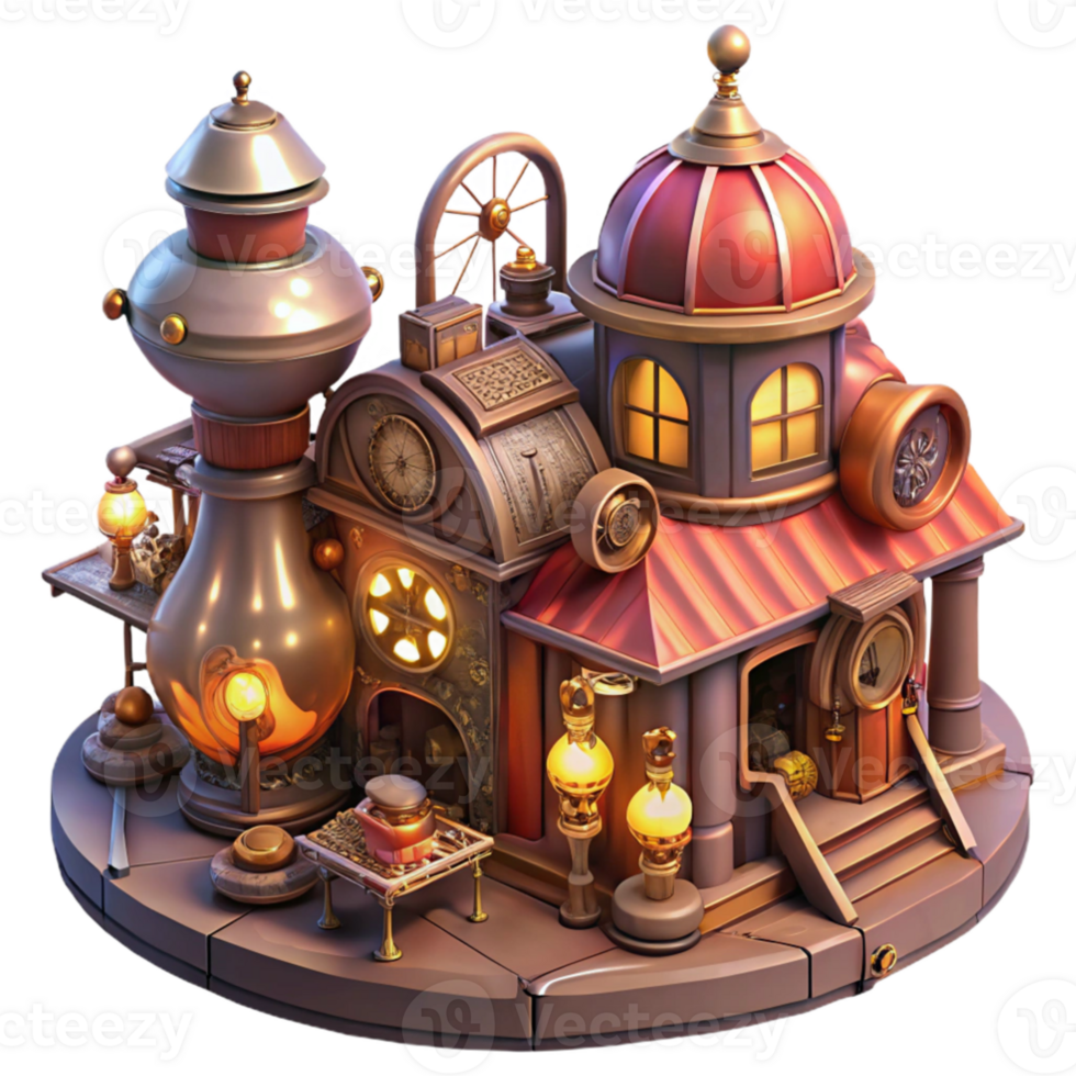 dramatic creative wonderful rustic A bustling steampunk marketplace, filled with bizarre inventions and eccentric characters, warm, flickering gaslight illumination, vibrant colors, painterly... png