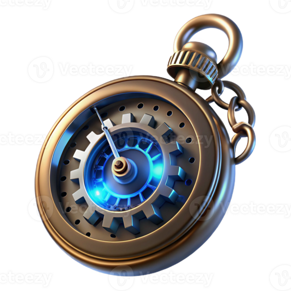 elegant classic elegant modern A close up of a steampunk pocket watch, intricate gears and springs visible, glowing blue energy emanating from within, dark background with a single light source,... png