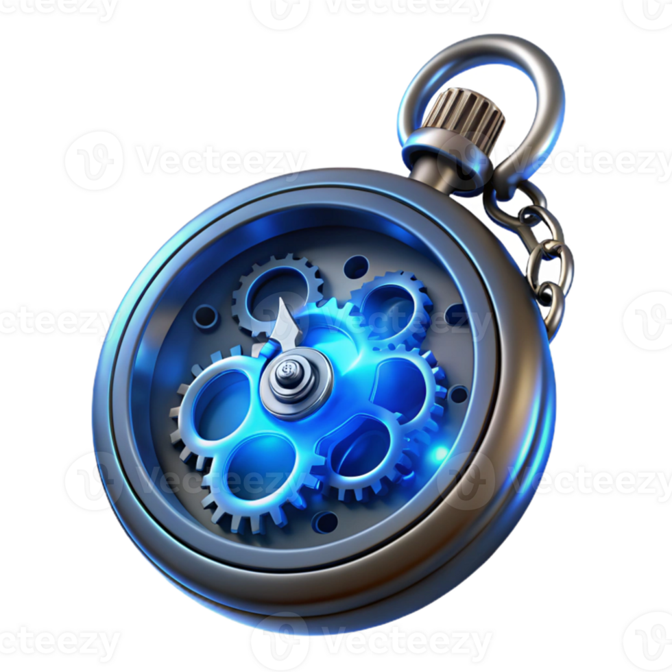 dramatic classic dramatic modern A close up of a steampunk pocket watch, intricate gears and springs visible, glowing blue energy emanating from within, dark background with a single light source,... png