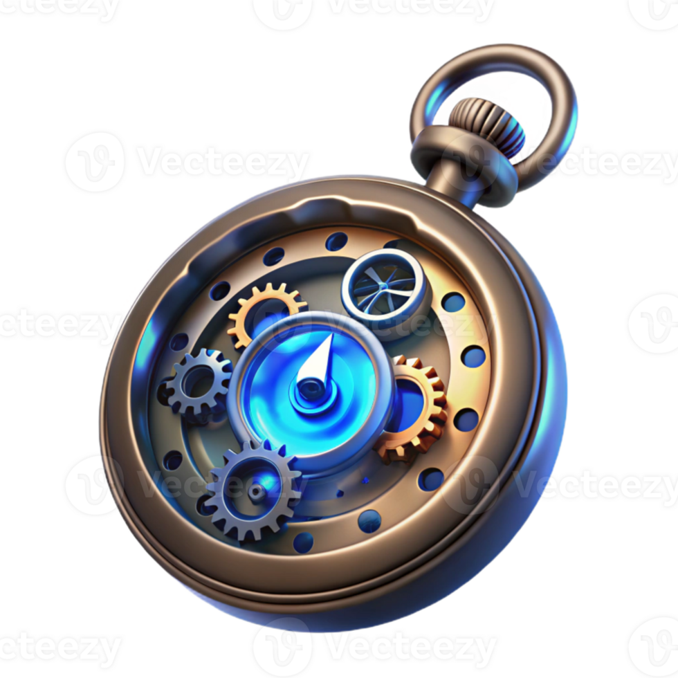 magnificent rustic vibrant modern A close up of a steampunk pocket watch, intricate gears and springs visible, glowing blue energy emanating from within, dark background with a single light... png