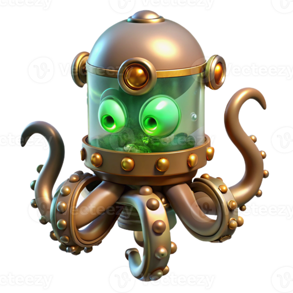 vibrant modern serene minimalist A steampunk octopus, brass and copper tentacles, glowing green eyes, submerged in a tank filled with bubbling, luminous fluid, bioluminescent lighting, surreal... png