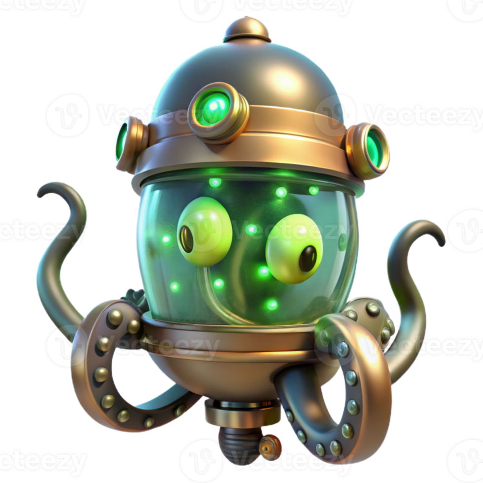 wonderful traditional dramatic classic A steampunk octopus, brass and copper tentacles, glowing green eyes, submerged in a tank filled with bubbling, luminous fluid, bioluminescent lighting,... png