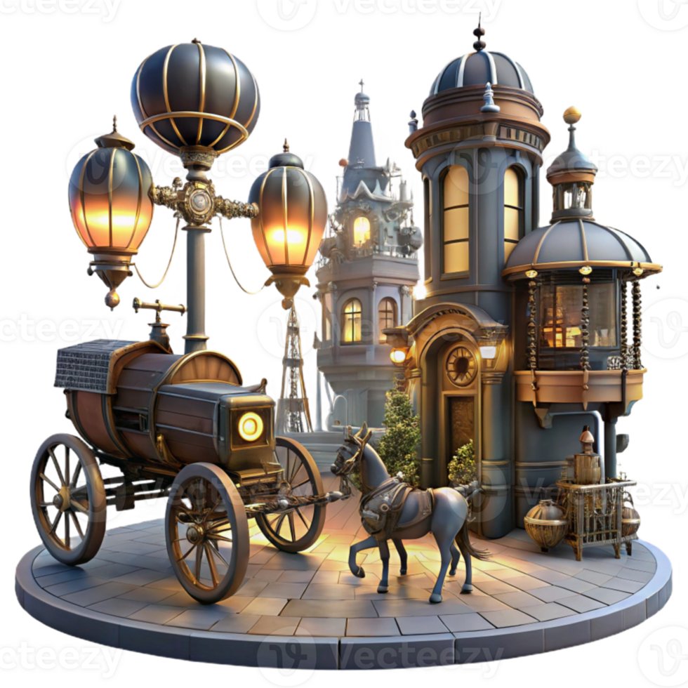 magnificent artistic serene rustic A Victorian era street scene transformed with steampunk elements, flying machines and robotic horses, illuminated by gaslights and searchlights, cinematic... png