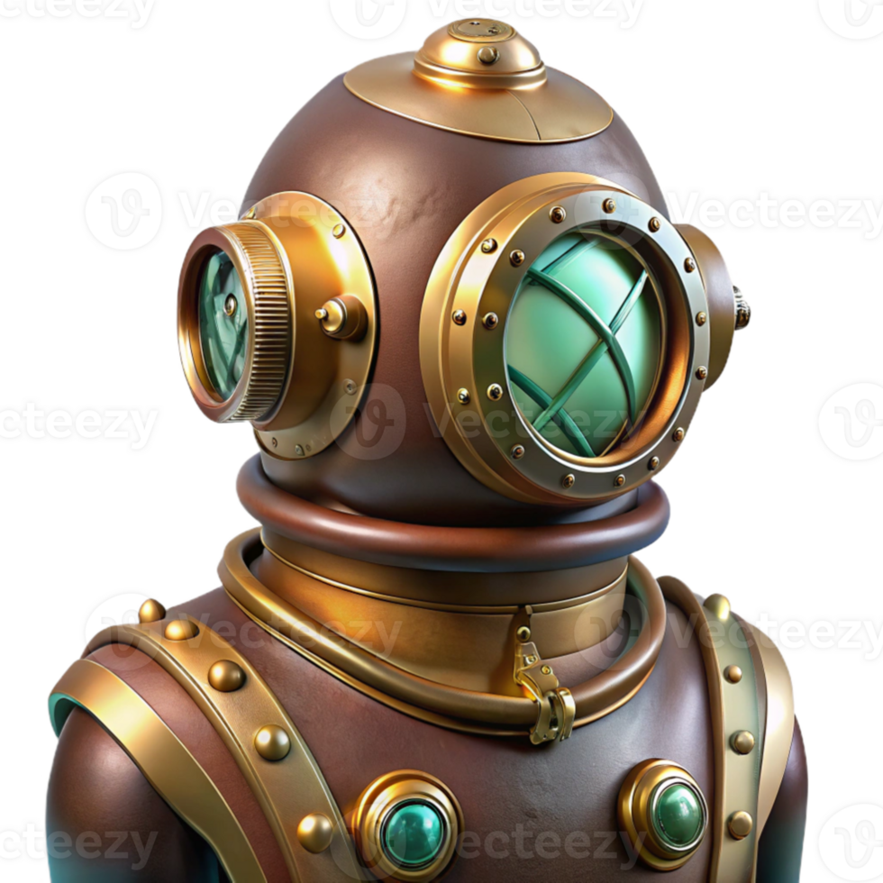 magnificent rustic wonderful traditional A steampunk diving suit, intricate brass and copper construction, glowing portholes on the helmet, submerged in a dark, murky ocean, bioluminescent... png