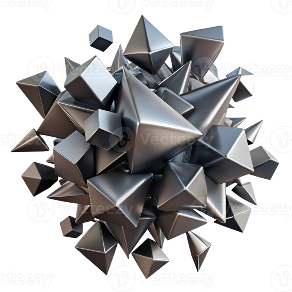magnificent creative dramatic contemporary A chaotic explosion of geometric shapes, primarily triangles and squares, in shades of chrome and gunmetal gray, under harsh, contrasting lighting.... png