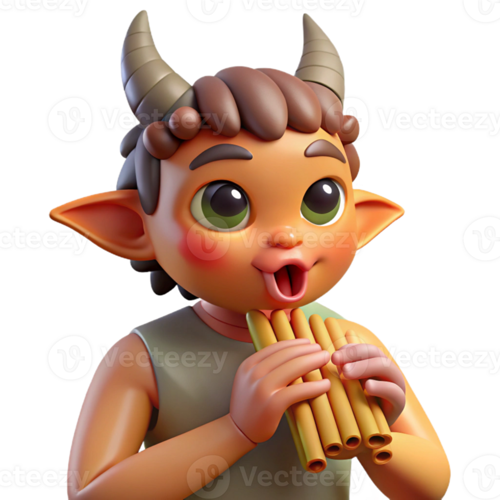 extraordinary classic wonderful creative A mischievous satyr playing a pan flute in a sun drenched forest glade, rendered in a playful, cartoonish style with bright colors and exaggerated features... png