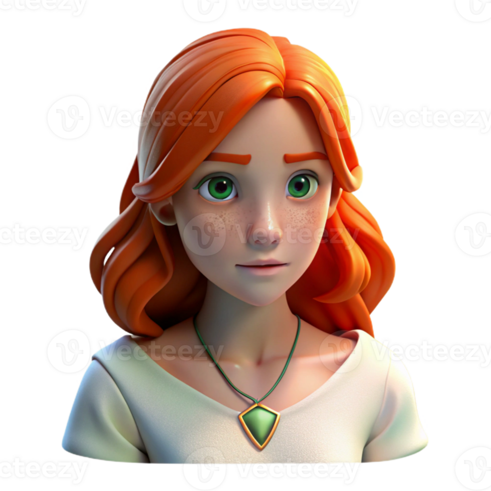 beautiful abstract impressive artistic A melancholic portrait of a young woman with fiery red hair, freckles, and piercing green eyes. She wears a simple, flowing white dress and a silver locket.... png