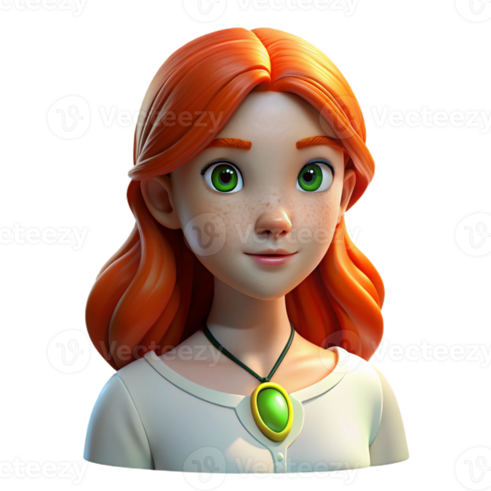 vibrant creative stunning classic A melancholic portrait of a young woman with fiery red hair, freckles, and piercing green eyes. She wears a simple, flowing white dress and a silver locket.... png