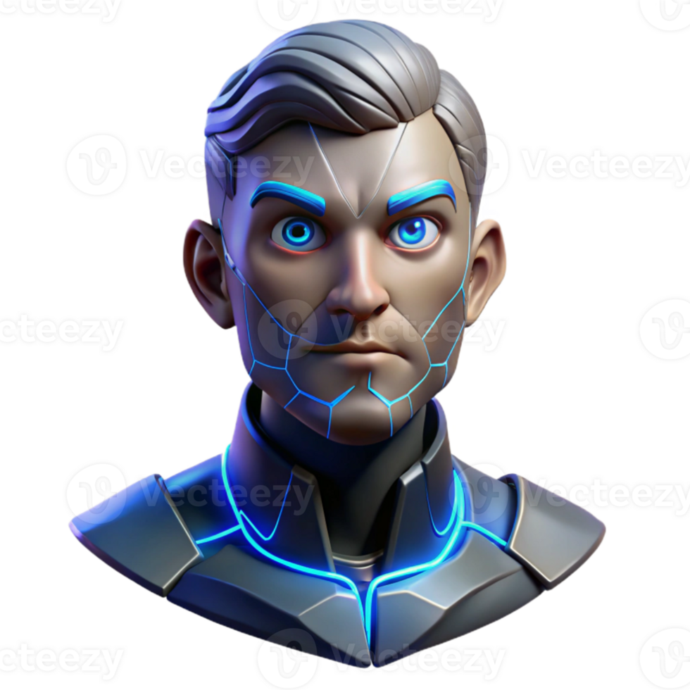 wonderful modern vibrant artistic Portrait of a stoic cyborg with glowing blue circuitry visible beneath cracked porcelain skin. Half the face is human, the other half mechanical.... png