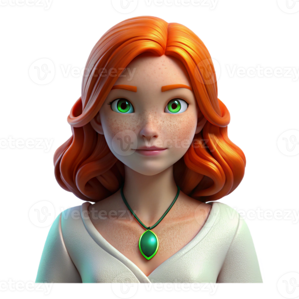 impressive rustic stunning modern A melancholic portrait of a young woman with fiery red hair, freckles, and piercing green eyes. She wears a simple, flowing white dress and a silver locket.... png