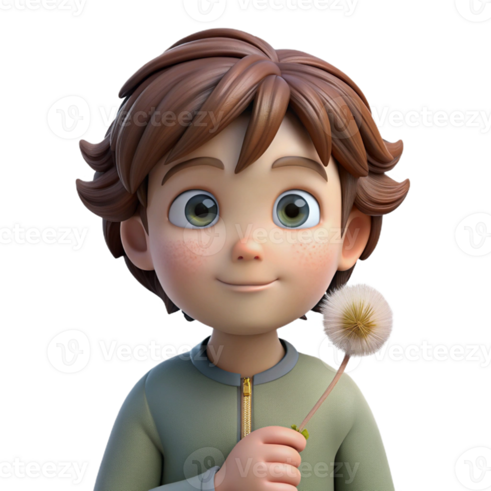 elegant traditional elegant creative Portrait of a curious child with wide, innocent eyes and a messy mop of brown hair, holding a dandelion. Soft, natural lighting.... png