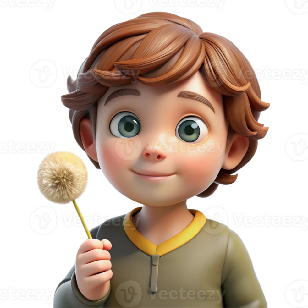 beautiful minimalist elegant rustic Portrait of a curious child with wide, innocent eyes and a messy mop of brown hair, holding a dandelion. Soft, natural lighting.... png