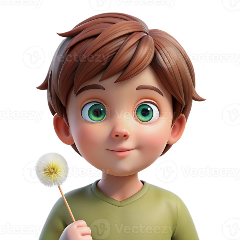 vibrant modern extraordinary modern Portrait of a curious child with wide, innocent eyes and a messy mop of brown hair, holding a dandelion. Soft, natural lighting.... png