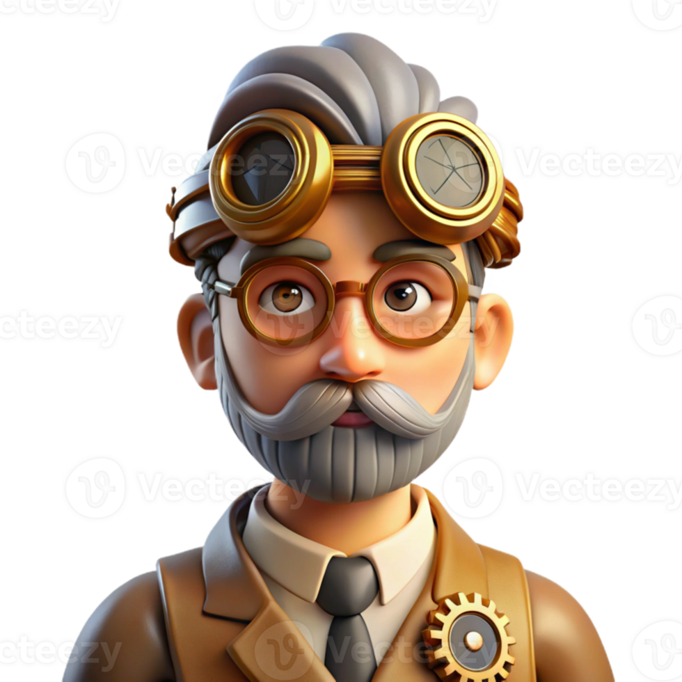 impressive classic stunning rustic Portrait of a steampunk inventor with goggles, gears, and intricate clockwork mechanisms adorning their face. Warm, sepia toned lighting.... png
