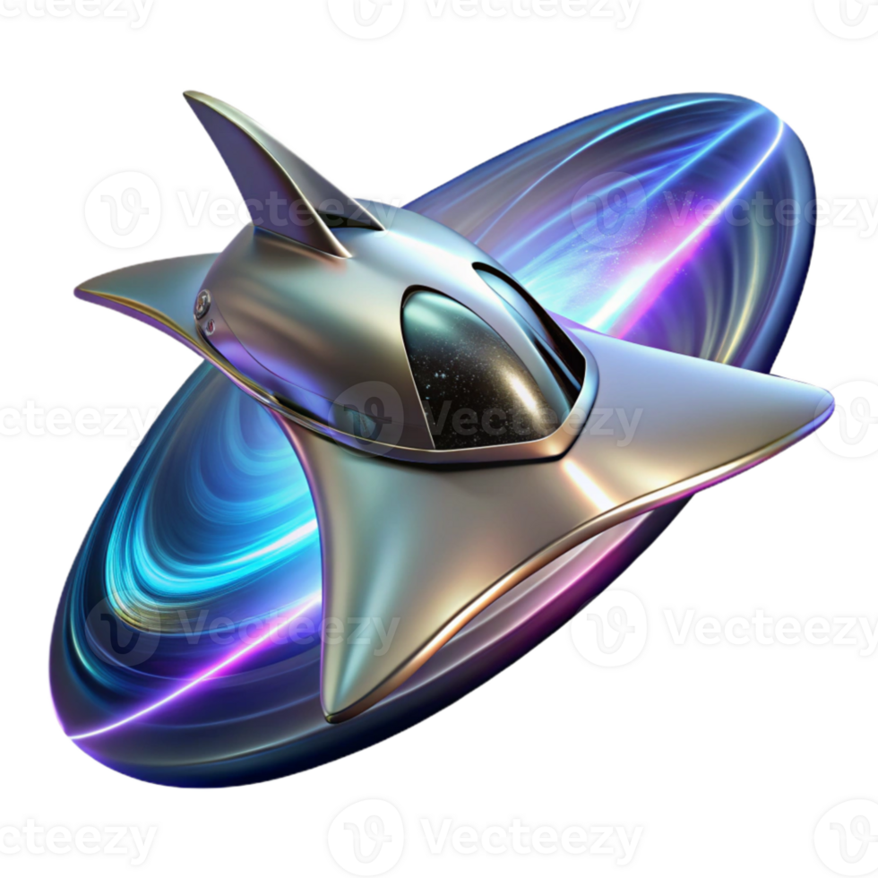 impressive creative magnificent abstract A sleek, chrome spaceship, shaped like a manta ray, emerges from a wormhole, trails of iridescent energy swirling behind it, illuminated by the harsh glare... png