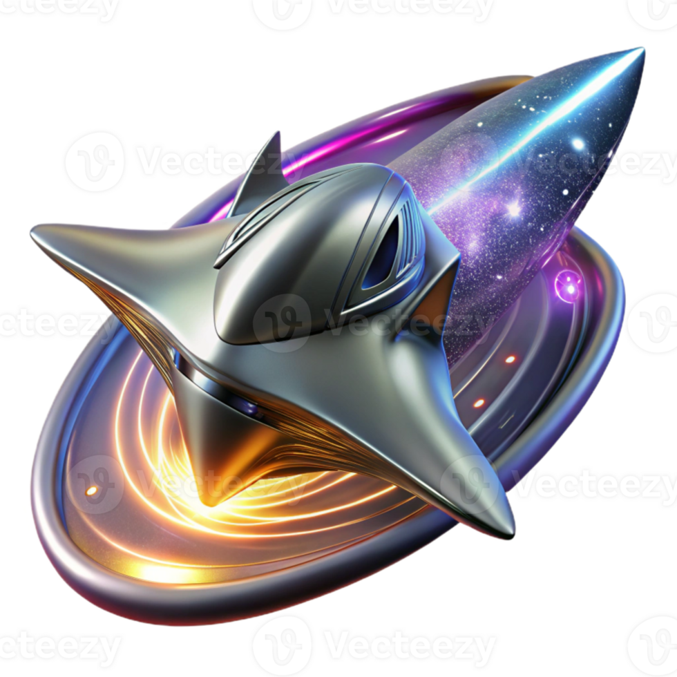 serene rustic dramatic modern A sleek, chrome spaceship, shaped like a manta ray, emerges from a wormhole, trails of iridescent energy swirling behind it, illuminated by the harsh glare of a... png