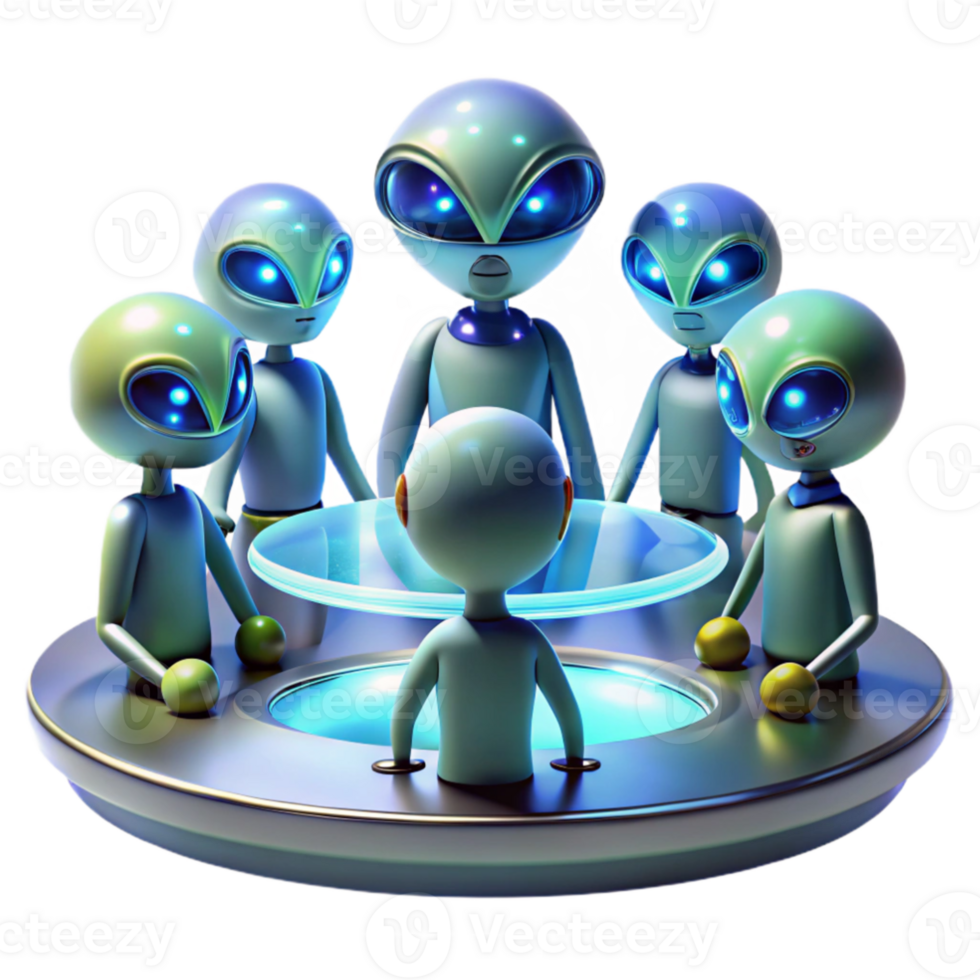 extraordinary contemporary impressive creative A group of alien diplomats, with iridescent scales and multifaceted eyes, gathered around a holographic table, bathed in the cool, sterile light of a... png