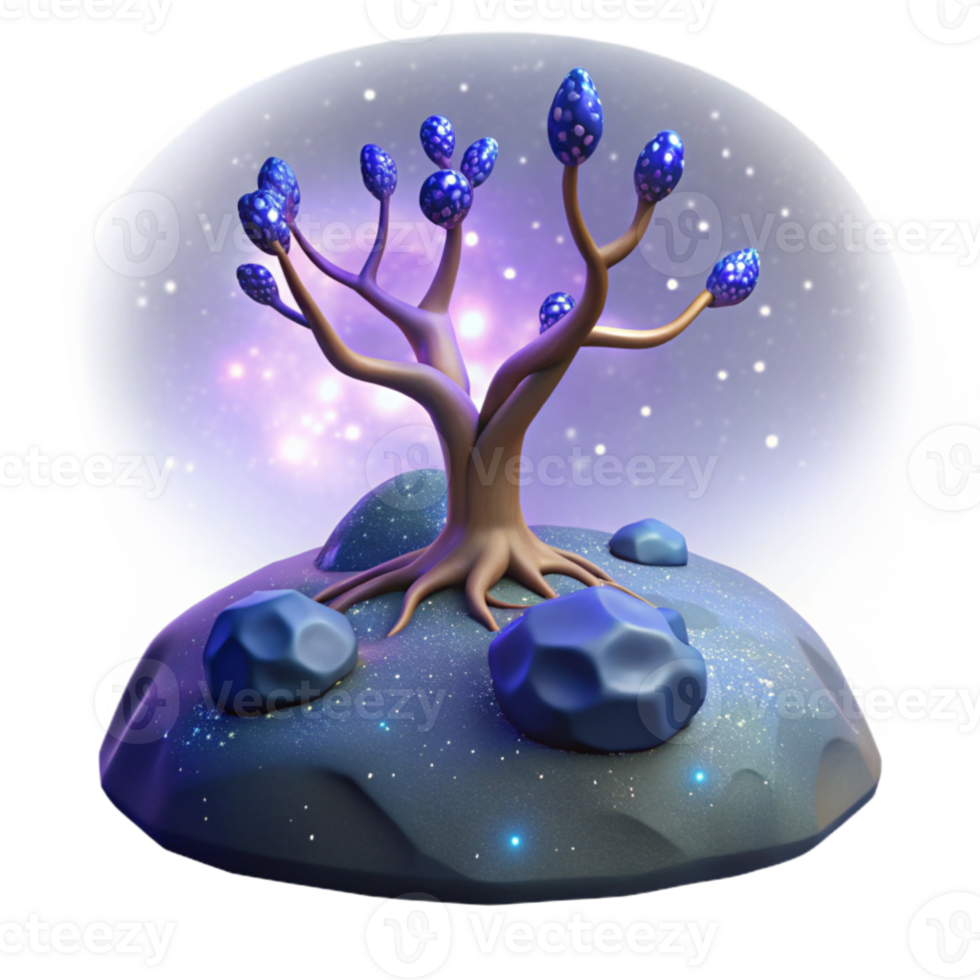 wonderful minimalist extraordinary minimalist A solitary, bioluminescent tree, growing on a barren asteroid, its branches reaching towards a distant, swirling galaxy, lit by the faint light of... png