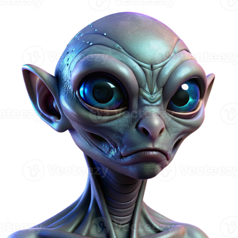 beautiful artistic wonderful contemporary A highly detailed, hyperrealistic portrait of an alien with iridescent skin, intricate facial markings, and large, expressive eyes, lit by a soft,... png