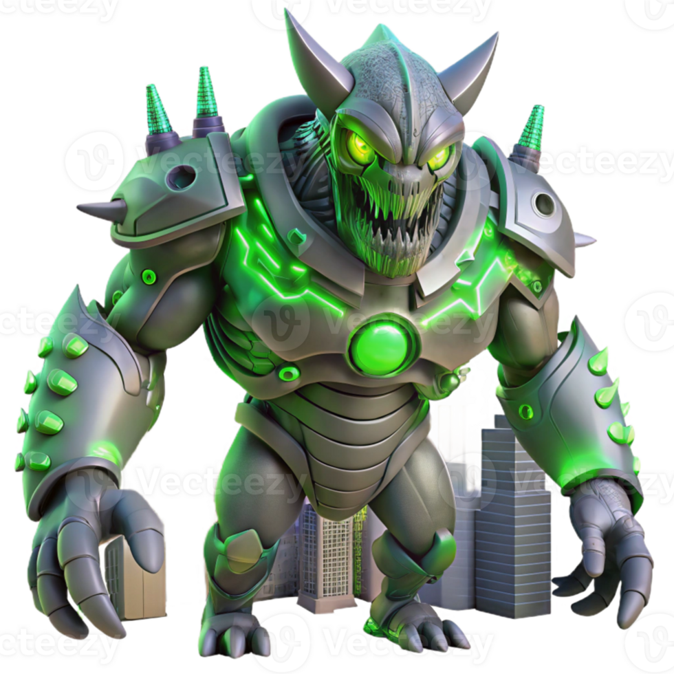wonderful rustic wonderful vintage A gigantic, bio mechanical creature, with glowing green eyes and chitinous armor, rampaging through a futuristic city, illuminated by the flashing lights of... png